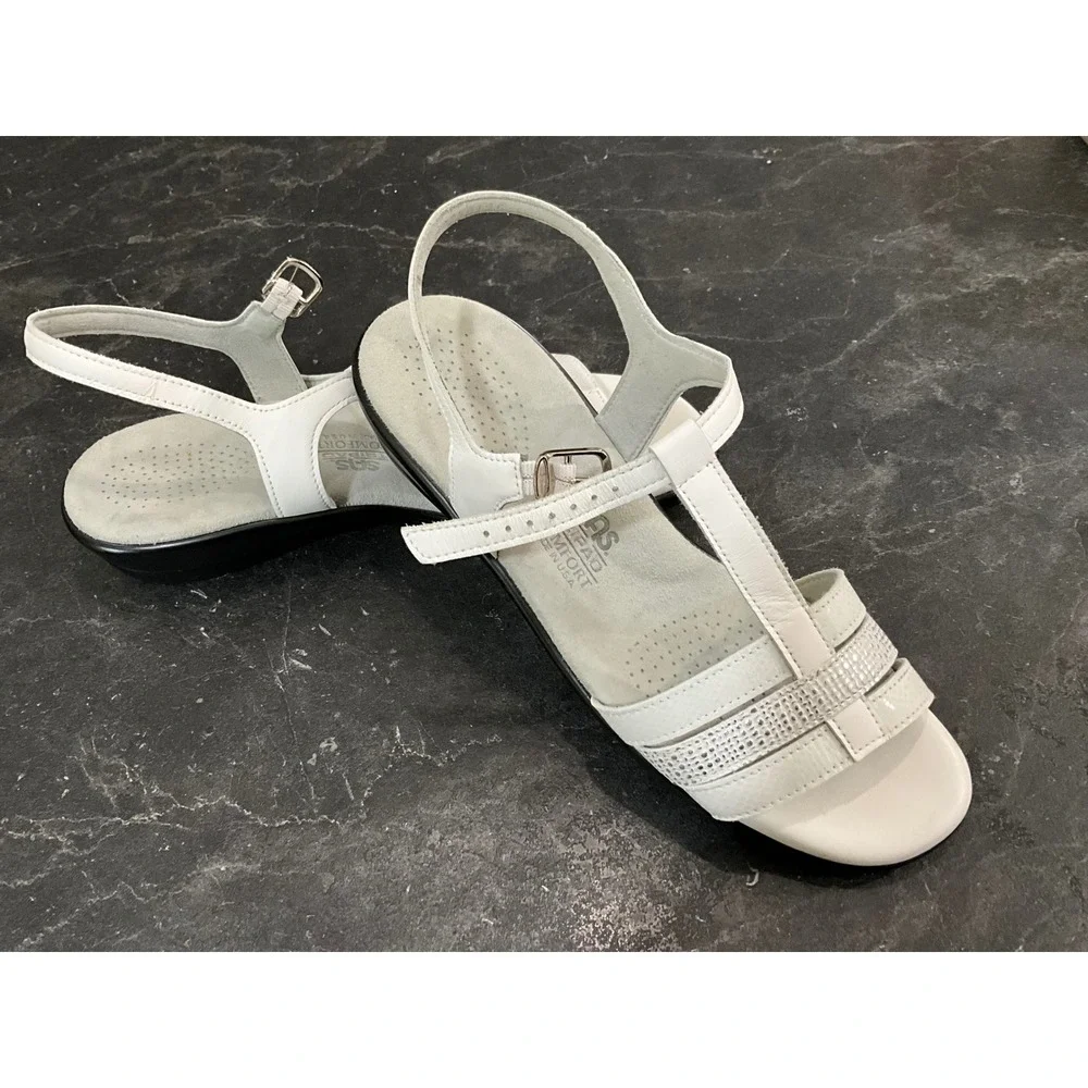 SAS Tripad Comfort Womens White Leather T-Strap Wedge Sandals Made in USA 8.5M